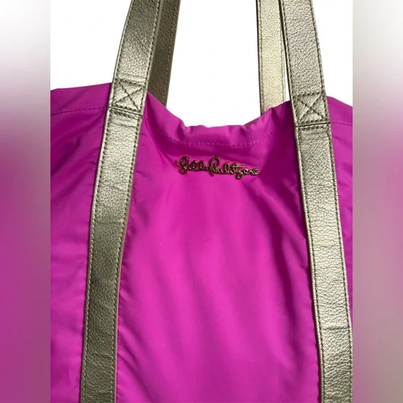 Lilly Pulitzer Hot Pink Large Tote Shoulder Bag Side Zippers Gold Straps Tassels - Picture 3 of 8